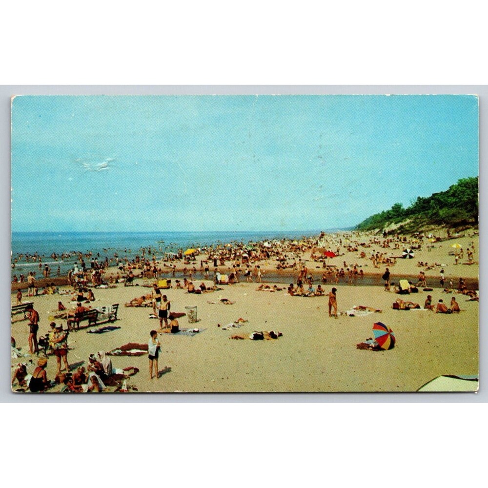 Vintage 1961 Postcard Lake Michigan Beach Scene Michigan Sunny Afternoon Posted